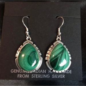 Sterling Silver Teardrop Green Malachite Earrings